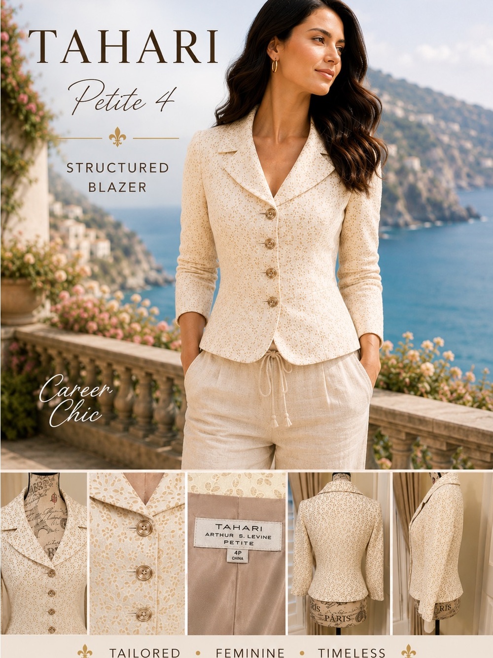Tahari Arthur S. Levine Petite 4 Cream Gold Jacquard Structured Career Blazer - Picture 2 of 11